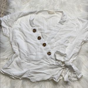 White Button across Tie Cropped Blouse